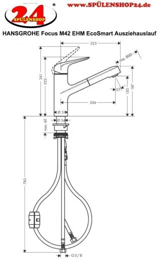 HANSGROHE Kchenarmatur Focus M42 Chrom Einhebelmischer 150 EcoSmart mit Ausziehauslauf, 1jet (71865000)