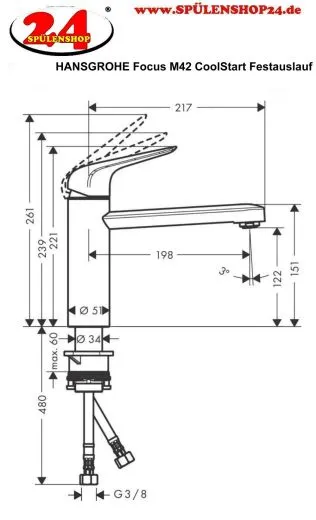 HANSGROHE Kchenarmatur Focus M42 Chrom Einhebelmischer 120 CoolStart EcoSelection mit Festauslauf, 1jet (71805000)