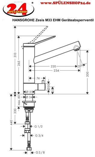 HANSGROHE Kchenarmatur Zesis M33 Chrom Einhebelmischer 200 CoolStart mit Festauslauf mit Gerteabsperrventil, 1jet (74807000)