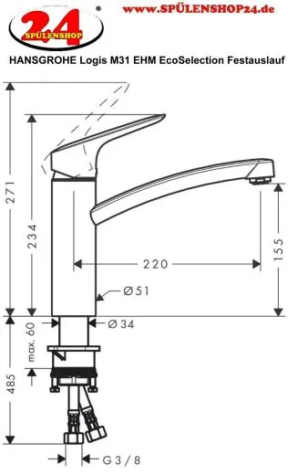 HANSGROHE Kchenarmatur Logis M31 Chrom Einhebelmischer 160 CoolStart EcoSelection mit Festauslauf, 1jet (71839000)