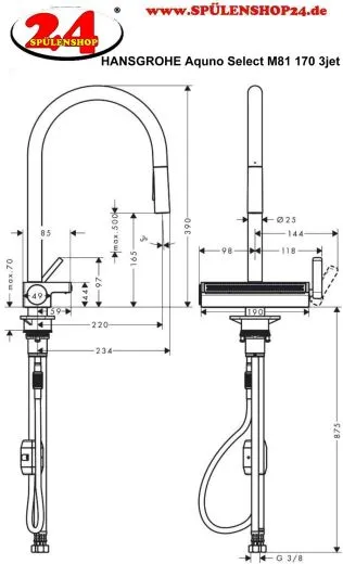 HANSGROHE Kchenarmatur Aquno Select M81 Edelstahl Finish Einhebelmischer 170 mit Zugauslauf als Ausziehbrause, 3jet (73837800)