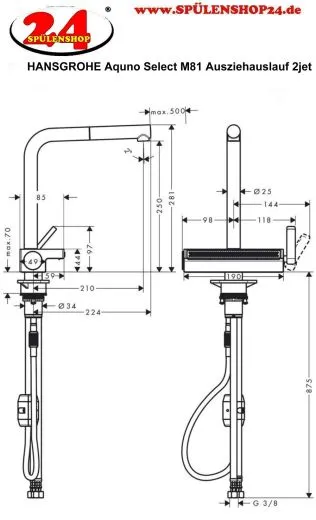 HANSGROHE Kchenarmatur Aquno Select M81 Edelstahl Finish Einhebelmischer 250 mit Ausziehauslauf, 2jet (73836800)