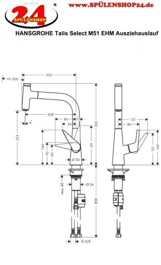HANSGROHE Kchenarmatur Talis Select M51 Edelstahl Finish Einhebelmischer 220 mit Ausziehauslauf, 1jet (72822800)