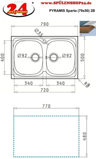 PYRAMIS Kchensple Sparta (79x50) 2B Einbausple / Doppelsple Siebkorb als Stopfenventil