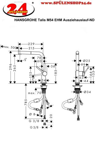 HANSGROHE Kchenarmatur Talis M54 Edelstahl Finish Einhebelmischer 270 mit Ausziehauslauf, 1jet Niederdruck (72860800)