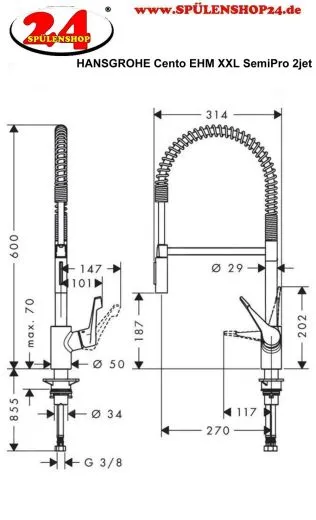 HANSGROHE Kchenarmatur Cento Chrom Einhebelmischer 190 EcoSelection XXL, SemiPro mit Pendelbrause, 2jet (14806000)