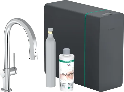 HANSGROHE Kchenarmatur Aqittura M91 Chrom SodaSystem 210 mit Ausziehauslauf, 1jet, sBox, Starter Set (76806000)