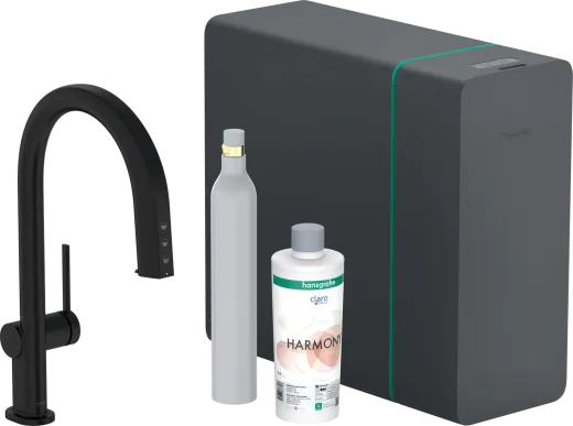 HANSGROHE Kchenarmatur Aqittura M91 Mattschwarz SodaSystem 210 mit Ausziehauslauf, 1jet, sBox, Starter Set (76806670)