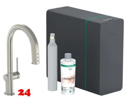 HANSGROHE Kchenarmatur Aqittura M91 Edelstahl Finish SodaSystem 210 mit Ausziehauslauf, 1jet, sBox, Starter Set (76806800)