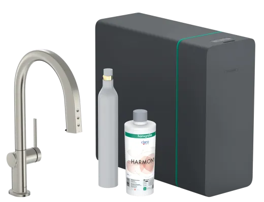 HANSGROHE Kchenarmatur Aqittura M91 Edelstahl Finish SodaSystem 210 mit Ausziehauslauf, 1jet, sBox, Starter Set (76806800)