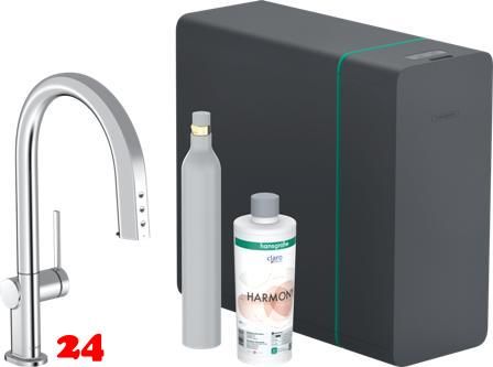 HANSGROHE Kchenarmatur Aqittura M91 Chrom SodaSystem 210 mit Ausziehauslauf, 1jet, sBox lite, Starter Set (76839000)