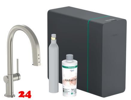 HANSGROHE Kchenarmatur Aqittura M91 Edelstahl Finish SodaSystem 210 mit Ausziehauslauf, 1jet, sBox lite, Starter Set (76839800)