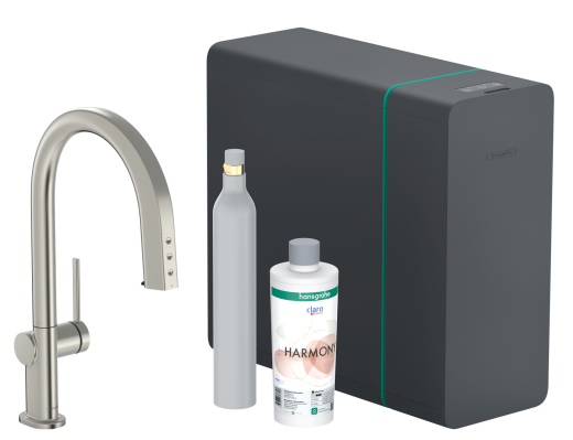 HANSGROHE Kchenarmatur Aqittura M91 Edelstahl Finish SodaSystem 210 mit Ausziehauslauf, 1jet, sBox lite, Starter Set (76839800)