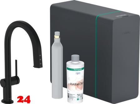 HANSGROHE Kchenarmatur Aqittura M91 Mattschwarz SodaSystem 210 mit Ausziehauslauf, 1jet, sBox lite, Starter Set (76839670)