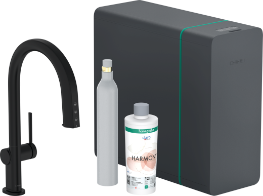 HANSGROHE Kchenarmatur Aqittura M91 Mattschwarz SodaSystem 210 mit Ausziehauslauf, 1jet, sBox lite, Starter Set (76839670)