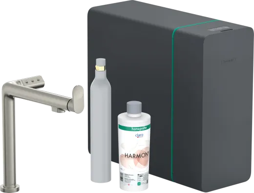 HANSGROHE Kchenarmatur Aqittura M91 Edelstahl Finish SodaSystem 240 mit Festauslauf, 1jet, Starter Set (76810800)