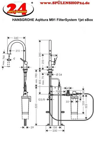 HANSGROHE Kchenarmatur Aqittura M91 Chrom FilterSystem 210 mit Ausziehauslauf, 1jet, sBox, Starter Set (76800000)