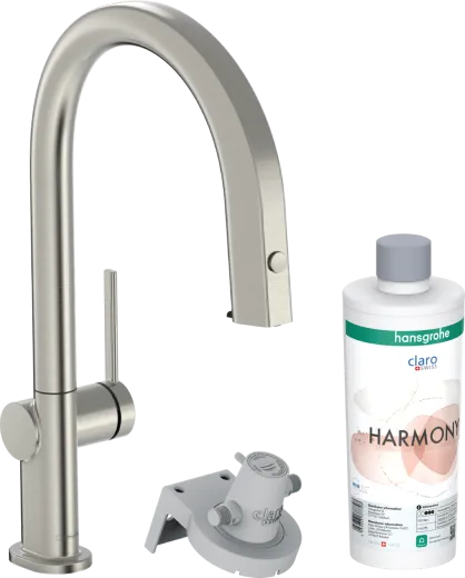 HANSGROHE Kchenarmatur Aqittura M91 Edelstahl Finish FilterSystem 210 mit Ausziehauslauf, 1jet, sBox, Starter Set (76800800)