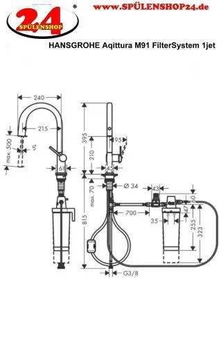 HANSGROHE Kchenarmatur Aqittura M91 Edelstahl Finish FilterSystem 210 mit Ausziehauslauf, 1jet, Starter Set (76801800)