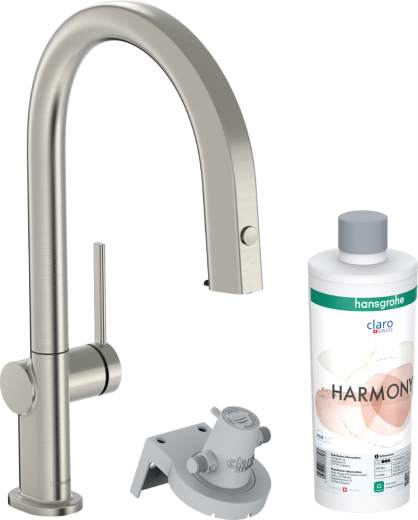 HANSGROHE Kchenarmatur Aqittura M91 Edelstahl Finish FilterSystem 210 mit Ausziehauslauf, 1jet, Starter Set (76801800)