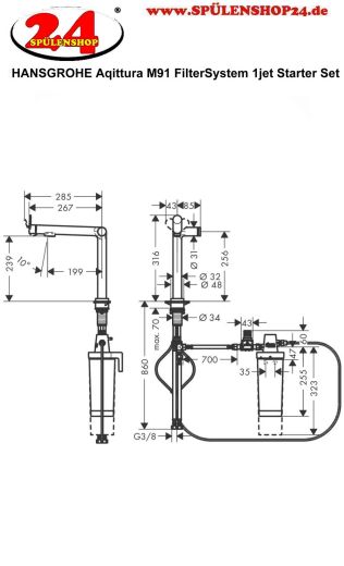 HANSGROHE Kchenarmatur Aqittura M91 Mattschwarz FilterSystem 240 mit Festauslauf, 1jet, Starter Set (76802670)