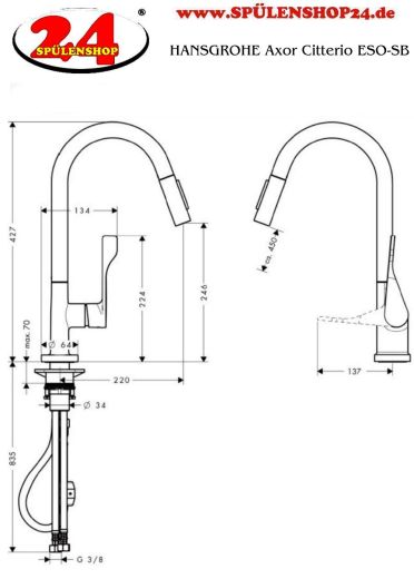 AXOR Kchenarmatur Citterio Brushed Nickel Einhebelmischer 250 mit Zugauslauf als Ausziehbrause Schwenkbereich einstellbar (39835820)