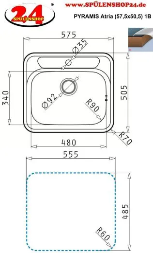 PYRAMIS Kchensple Atria (57,5x50,5) 1B Einbausple / Edelstahlsple Siebkorb als Stopfenventil