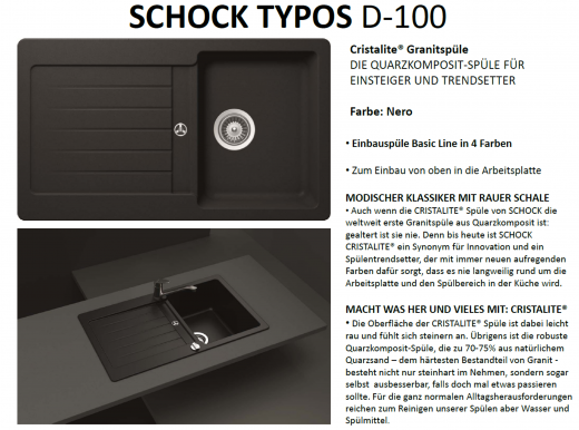 Schock Kchensple Typos D-100 Cristalite Granitsple / Einbausple Basic Line mit Drehexcenter