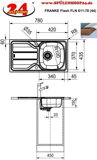 FRANKE Kchensple Flash FLN 611-78 (44) Einbausple / Edelstahlsple mit Einbaurand und Siebkorb als Stopfen- oder Drehknopfventil
