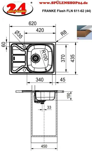 FRANKE Kchensple Flash FLN 611-62 (44) Einbausple / Edelstahlsple mit Einbaurand und Siebkorb als Stopfen- oder Drehknopfventil