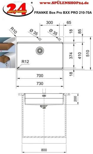 FRANKE Kchensple Box Pro BXX PRO 210-70 A Edelstahlsple Slimtop / Flchenbndig mit Druckknopfventil Inklusive Zubehr