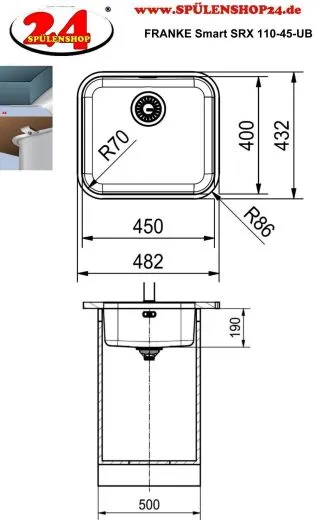 FRANKE Kchensple Smart SRX 110-45 Unterbausple (Montage unter die Arbeitsplatte) mit Siebkorb als Stopfenventil
