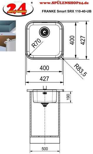 FRANKE Kchensple Smart SRX 110-40 Unterbausple (Montage unter die Arbeitsplatte) mit Siebkorb als Stopfenventil