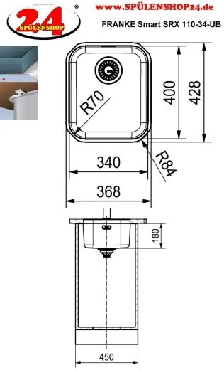 FRANKE Kchensple Smart SRX 110-34 Unterbausple (Montage unter die Arbeitsplatte) mit Siebkorb als Stopfenventil