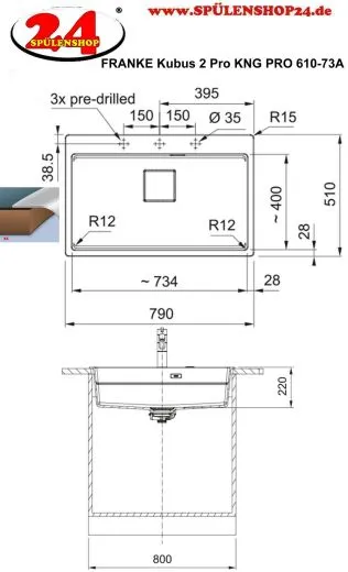 FRANKE Kchensple Kubus 2 Pro KNG PRO 610-73 A HLB Fragranit+ Granitsple / Einbausple mit Siebkorb als Druckknopfventil inklusive Zubehr