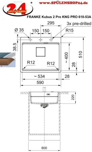 FRANKE Kchensple Kubus 2 Pro KNG PRO 610-53 A HLB Fragranit+ Granitsple / Einbausple mit Siebkorb als Druckknopfventil inklusive Zubehr