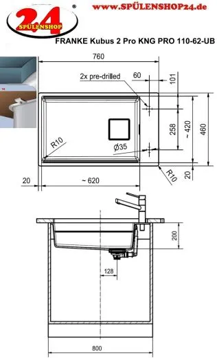 FRANKE Kchensple Kubus 2 Pro KNG PRO 110-62 Fragranit+ Granitsple / Unterbausple (Montage unter die Arbeitsplatte) mit Siebkorb als Druckknopfventil inklusive Zubehr