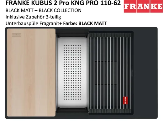 FRANKE Kchensple Kubus 2 Pro KNG PRO 110-62 Fragranit+ Granitsple Black Matt - Black Collection Unterbausple (Montage unter die Arbeitsplatte) mit Siebkorb als Drehknopfventil inklusive Zubehr