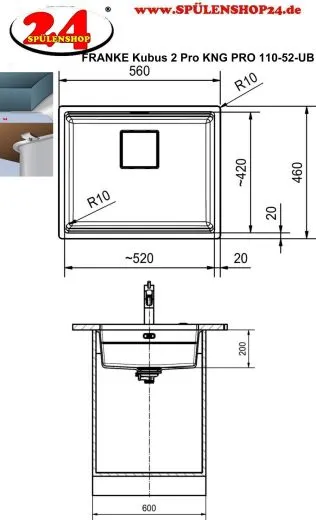 FRANKE Kchensple Kubus 2 Pro KNG PRO 110-52 Fragranit+ Granitsple / Unterbausple (Montage unter die Arbeitsplatte) mit Siebkorb als Druckknopfventil inklusive Zubehr
