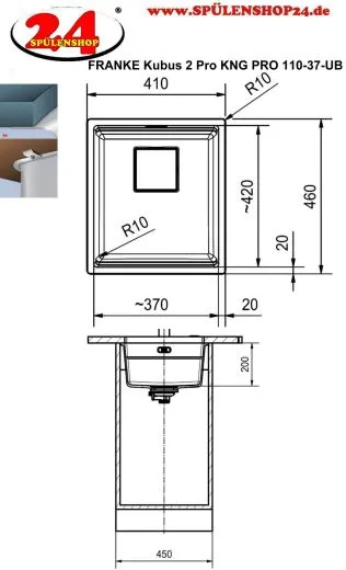 FRANKE Kchensple Kubus 2 Pro KNG PRO 110-37 Fragranit+ Granitsple Black Matt - Black Collection Unterbausple (Montage unter die Arbeitsplatte) mit Siebkorb als Drehknopfventil inklusive Zubehr