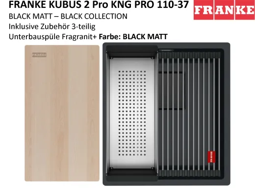 FRANKE Kchensple Kubus 2 Pro KNG PRO 110-37 Fragranit+ Granitsple Black Matt - Black Collection Unterbausple (Montage unter die Arbeitsplatte) mit Siebkorb als Drehknopfventil inklusive Zubehr