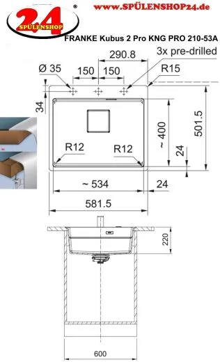 FRANKE Kchensple Kubus 2 Pro KNG PRO 210-53 A HLB Fragranit+ Granitsple Flchenbndig mit Siebkorb als Druckknopfventil inklusive Zubehr