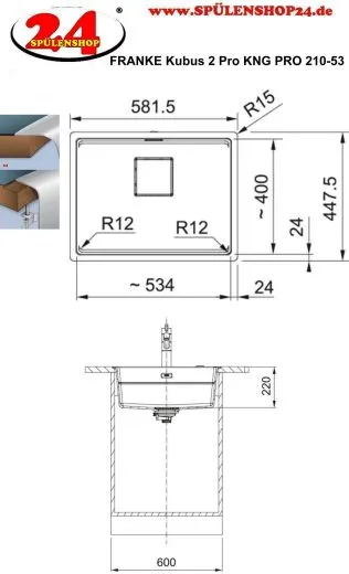FRANKE Kchensple Kubus 2 Pro KNG PRO 210-53 Fragranit+ Granitsple Flchenbndig mit Siebkorb als Druckknopfventil inklusive Zubehr
