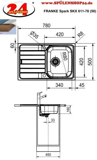 FRANKE Kchensple Spark SKX 611-78 Einbausple / Edelstahlsple mit Einbaurand und Siebkorb als Drehknopfventil