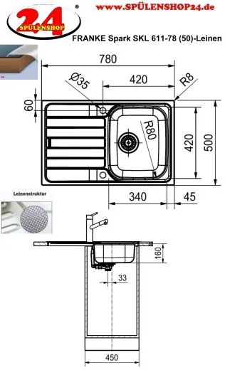 FRANKE Kchensple Spark SKL 611-78 Einbausple / Edelstahlsple Leinenoptik mit Einbaurand und Siebkorb als Drehknopfventil