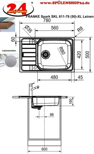 FRANKE Kchensple Spark SKL 611-78 (50) XL Einbausple / Edelstahlsple Leinenoptik mit Einbaurand und Siebkorb als Drehknopfventil