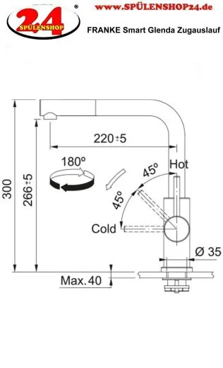 FRANKE Kchenarmatur Smart Glenda Einhebelmischer Edelstahl massiv mit Zugauslauf und Laminar Perlator 180 schwenkbarer Auslauf