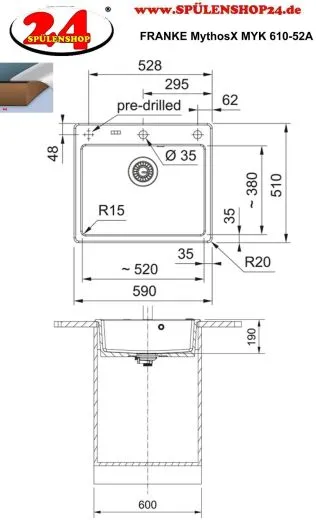 FRANKE Kchensple MythosX MYK 610-52A-Keramik Fraceram Einbausple / Keramiksple mit Siebkorb als Druckknopfventil
