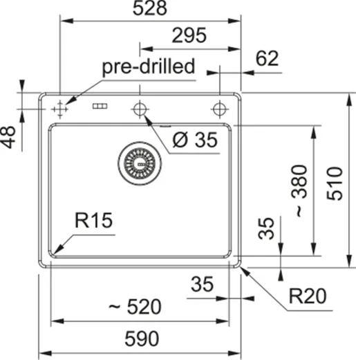 FRANKE Kchensple MythosX MYK 610-52A-Keramik Fraceram Einbausple / Keramiksple mit Siebkorb als Druckknopfventil