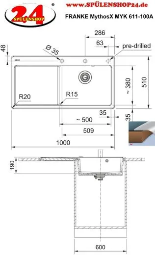 FRANKE Kchensple MythosX MYK 611-100A-Keramik Fraceram Einbausple / Keramiksple mit Siebkorb als Druckknopfventil